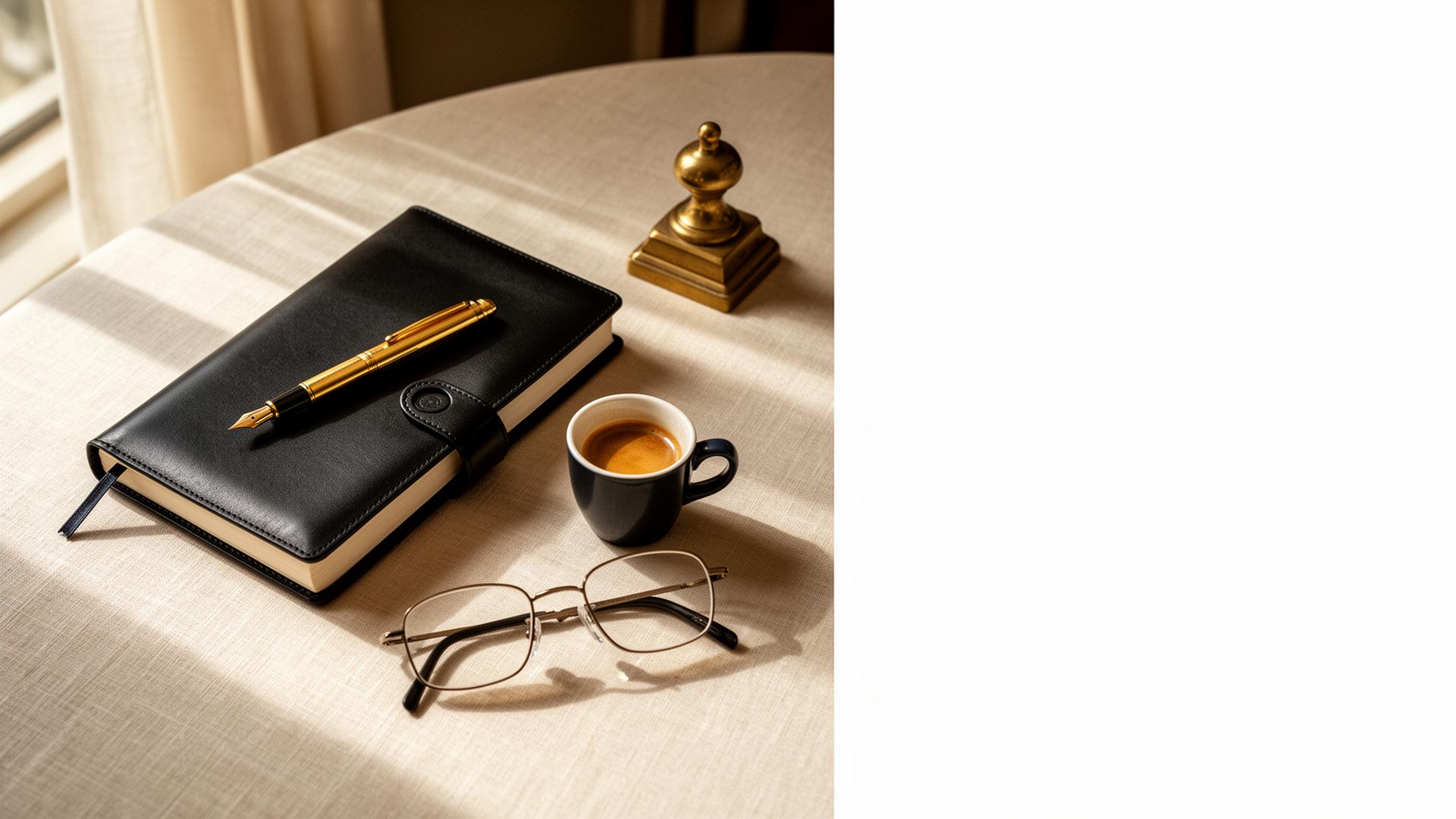ALIGN. Editorial Stilleben: Lederjournal, goldener Füller, Espresso auf Leinen — Sinnbild für strukturierte Klarheit.